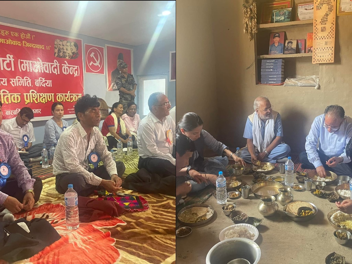 बर्दियामा प्रचण्ड : भुईँमा पलेँटी कसेर खाना र प्रशिक्षण