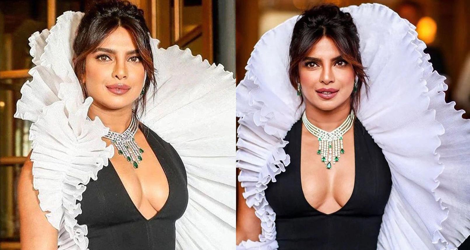 ब्ल्याक एन्ड ह्वाइट रफल ड्रेसमा प्रियंका चोपडाको ग्ल्यामरस लुक