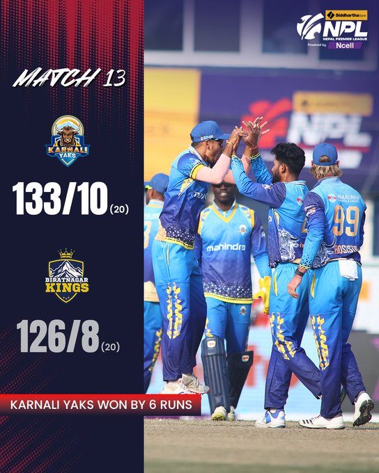 कर्णालीले बिराटनगरलाइ ७ रनले हरायाे